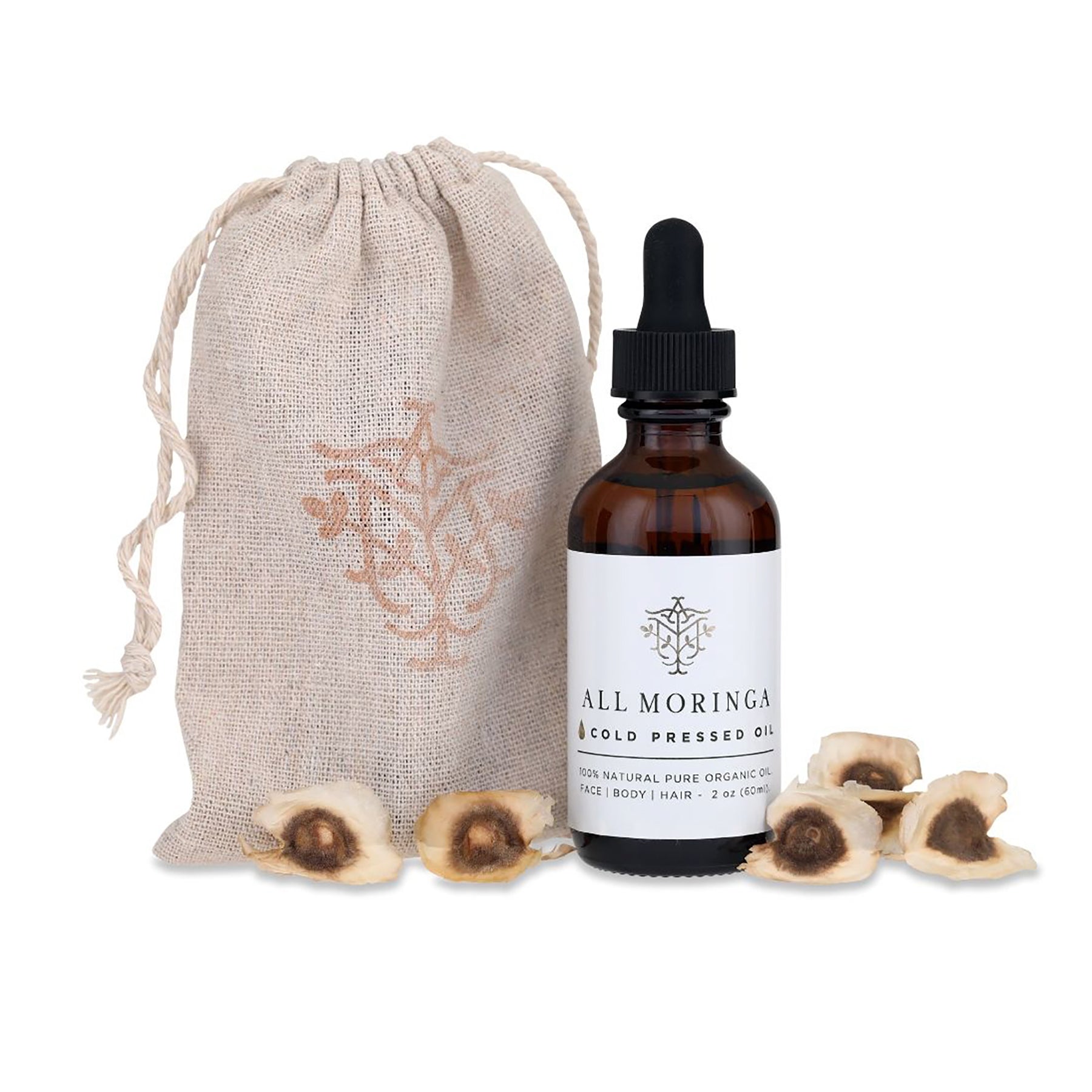 organic ben oil with moringa seeds in a pouch