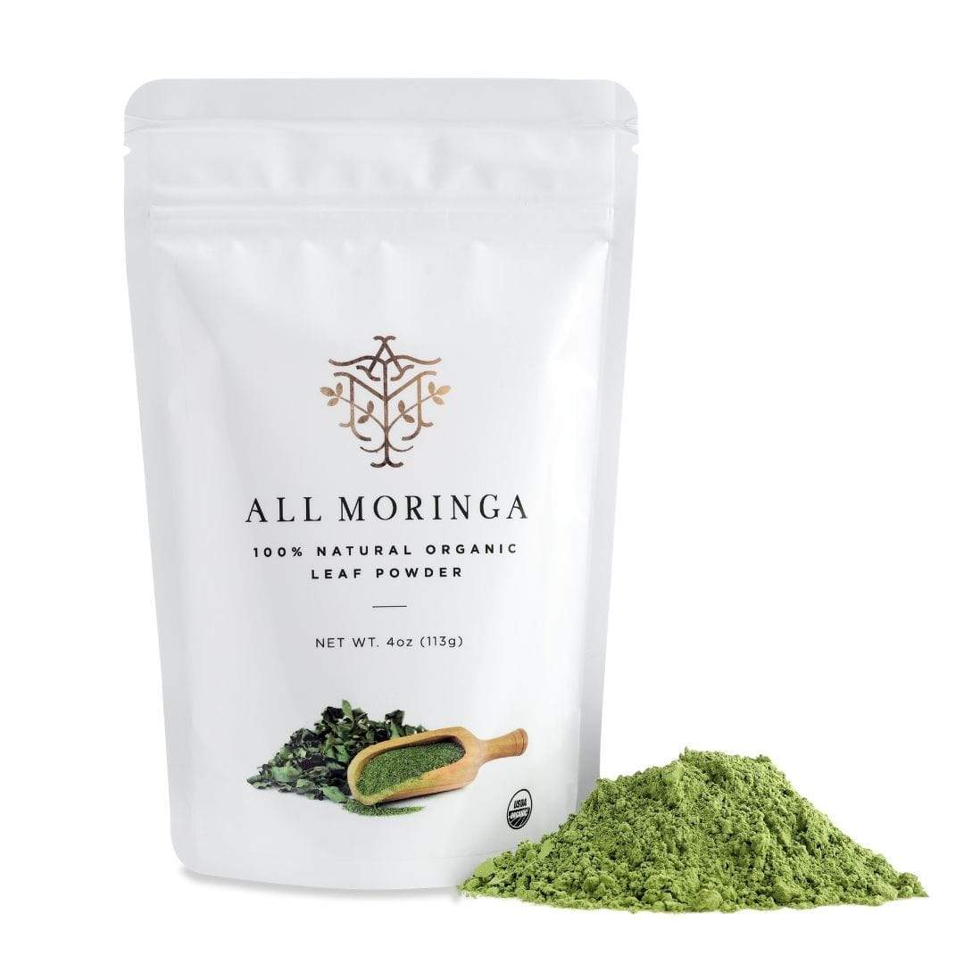 All organic moringa leaf powder in a pouch with green powder