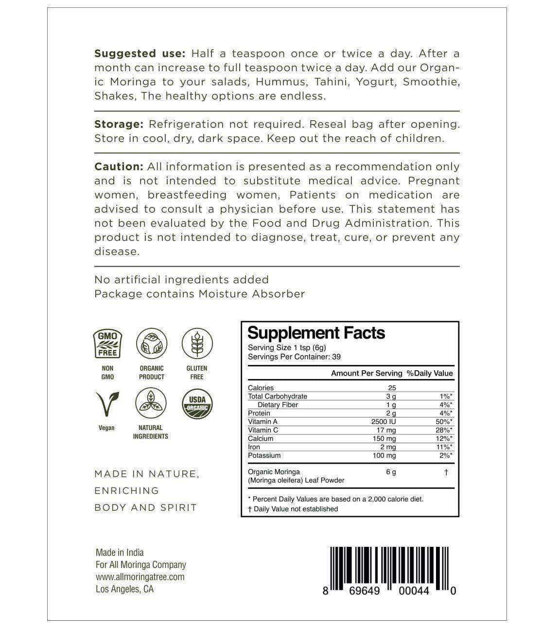 Organic moringa leaves powder label back product description supplement facts and barcode