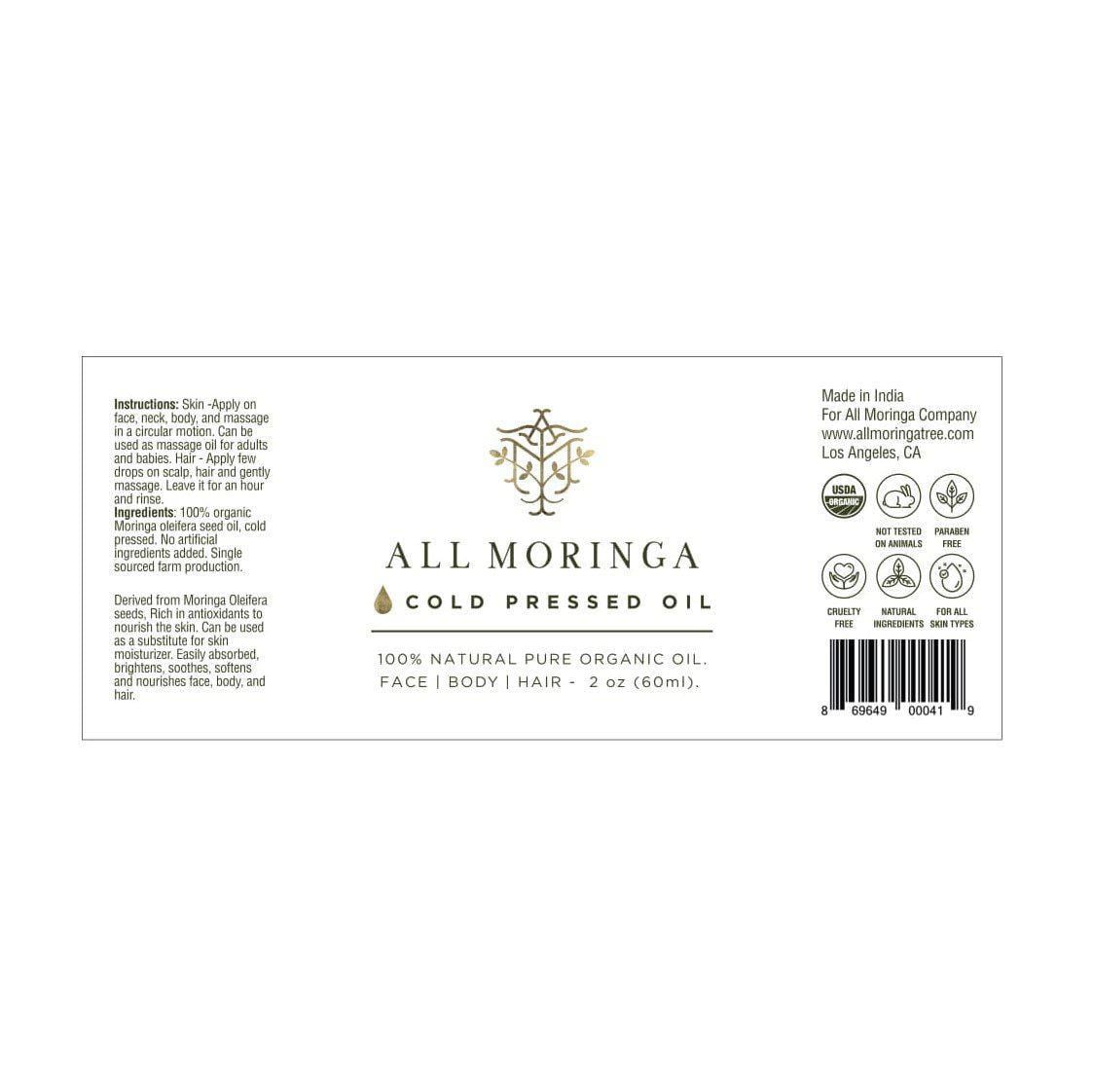 all moringa cold press moringa seed oil product label for face body hair