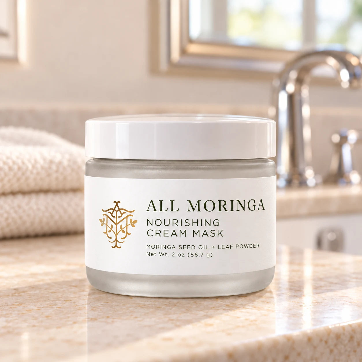 Cream Mask jar packaging concept in a sunlit bathroom